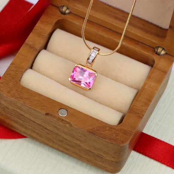 "Chic Pink Emerald Cut Pendant with Baguette Bail in Rose Gold Tone, XPPT1780 - Picture 6 of 13